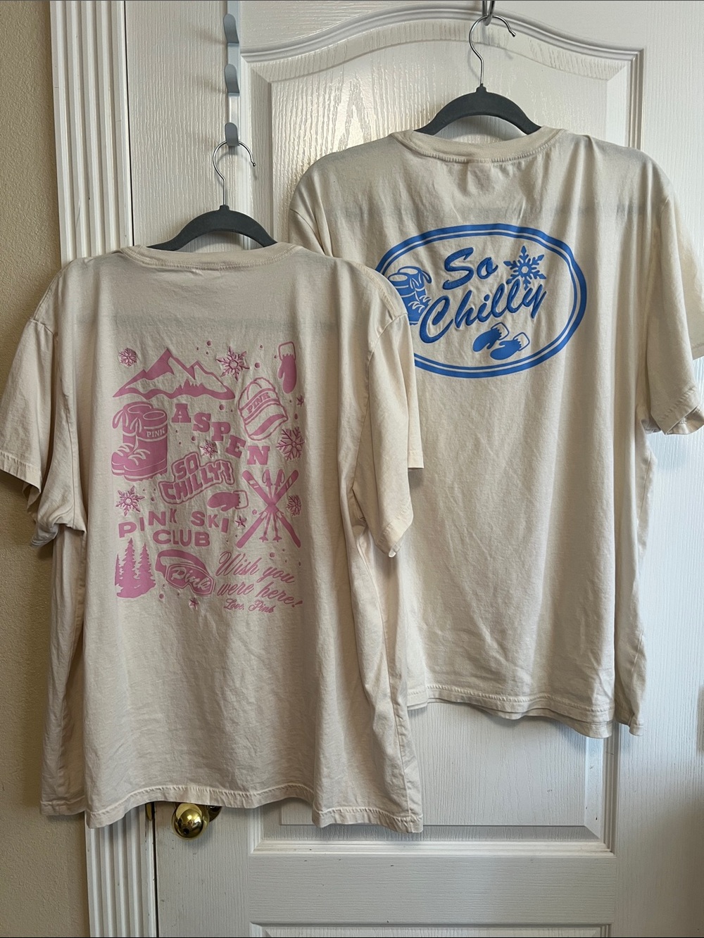 PINK Victoria's Secret Cream Short-Sleeve Tee with Blue & Pink Prints